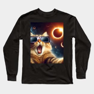 cat taking a selfie with solar 2024 eclipse wearing Glasses Long Sleeve T-Shirt